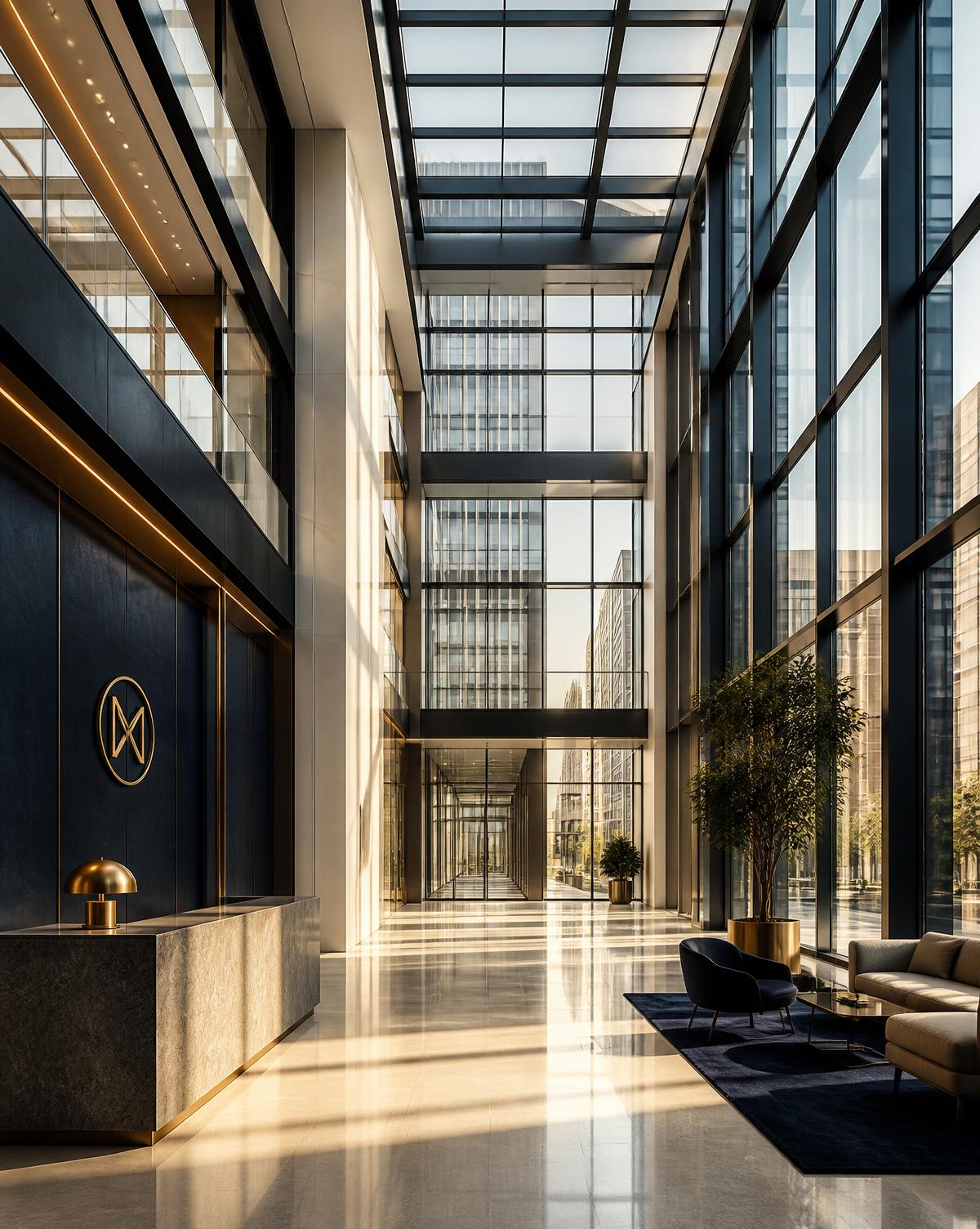 Modern executive office atrium with glass and steel architecture